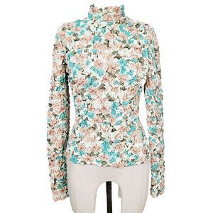 Dolan Printed Pebble Smocked Turtleneck Top M Pink Green Floral Stretch Pullover